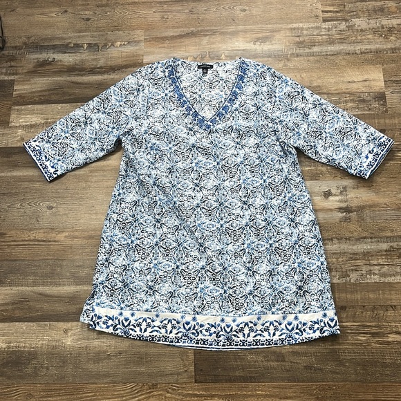 Lands End Embroidered V-neck Cotton Blue Print Tunic Sz 1X Dress Coverup Coastal - Picture 7 of 16